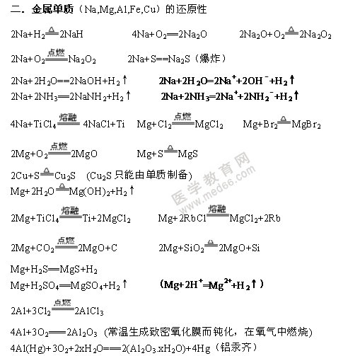 金屬單質-無機化學方程式