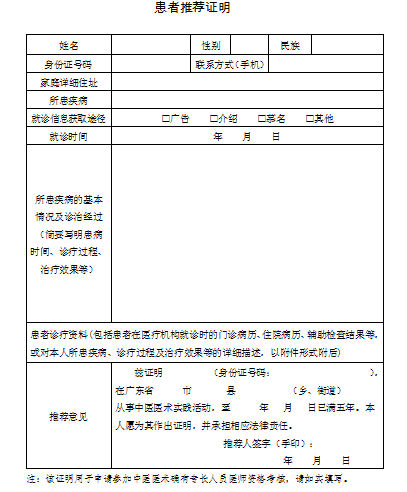 中醫(yī)醫(yī)術(shù)實踐證明材料、患者推薦表如何填寫