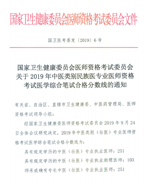 國(guó)家衛(wèi)健委關(guān)于2019年中醫(yī)民族醫(yī)專業(yè)醫(yī)師資格考試合格分?jǐn)?shù)線通知