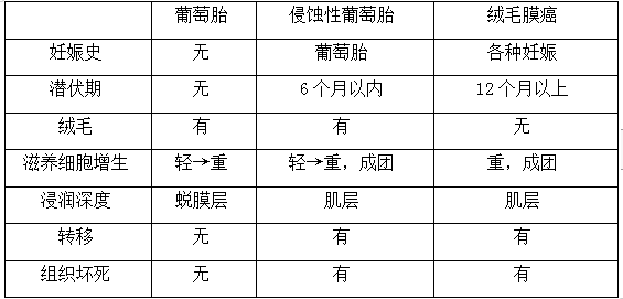 絨癌、侵蝕性葡萄胎、葡萄胎的鑒別