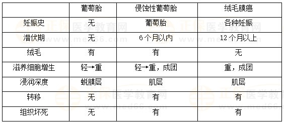 絨癌、侵蝕性葡萄胎、葡萄胎的鑒別